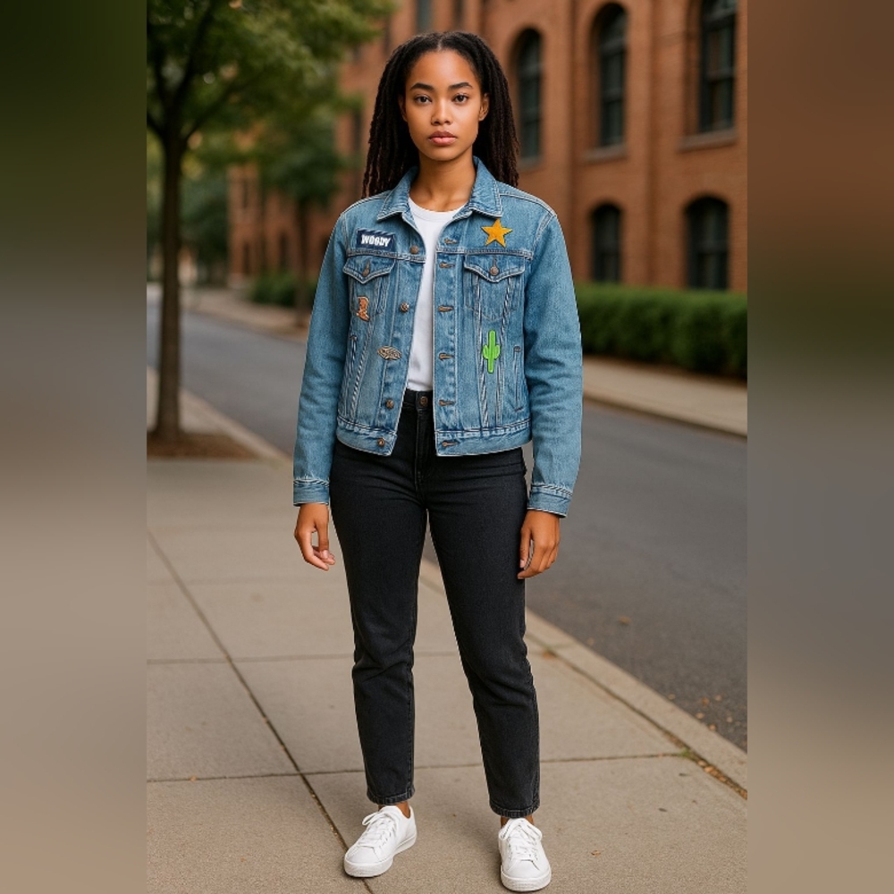 DISNEY PIXAR FOREVER Stylish Blue Denim Jacket with Patches SIZE SMALL